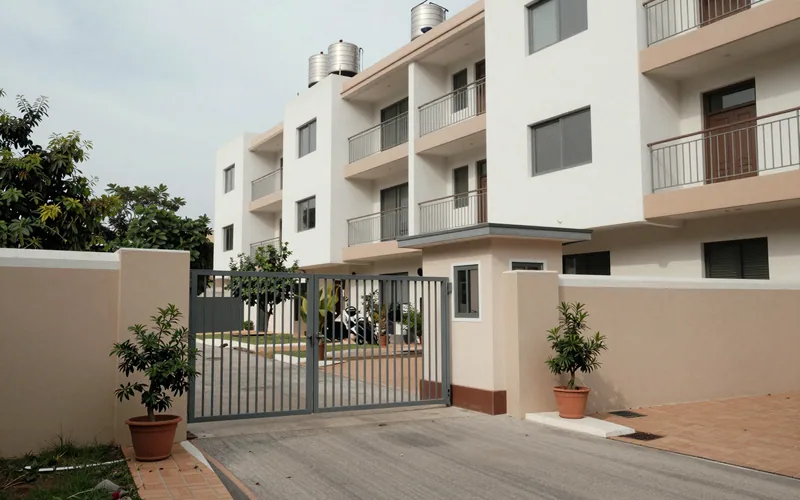 The entrance to a mid-rise apartment society: a painted compound wall, a steel sliding gate, a security cabin, and stainless water tanks on the roofline.