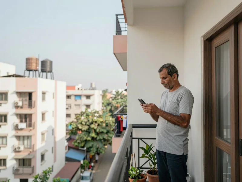 A man stands on the balcony of a mid-rise apartment flat, phone in hand, with other apartment blocks and overhead water tanks behind him.