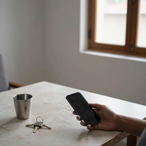 A phone held over a tiled table beside a steel tumbler and a set of house keys.